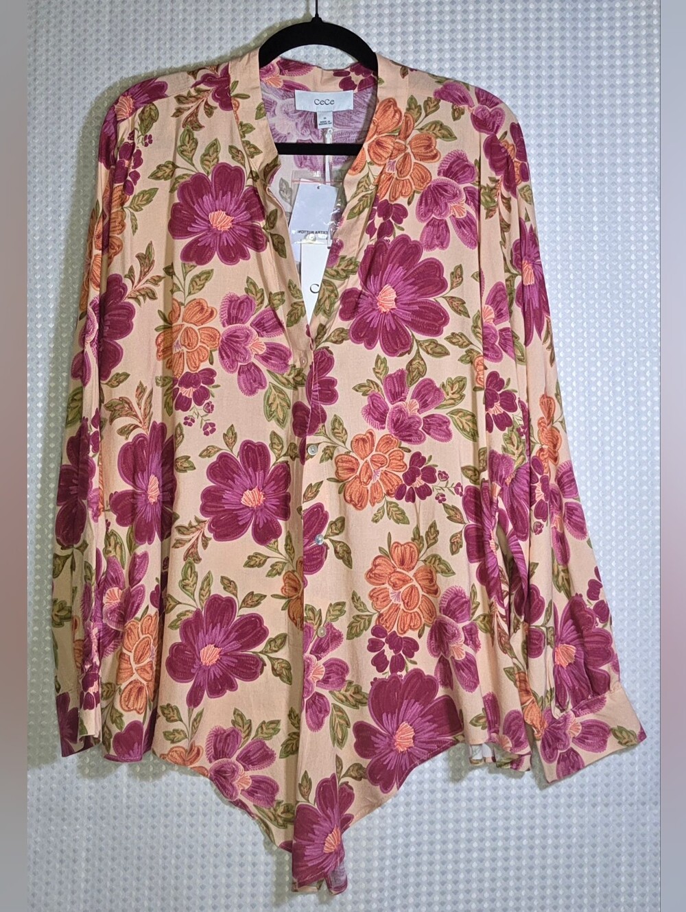 CeCe 1X Floral Tie Front Blouse Plus Size Boho 70s Romantic Long Sleeve Top - Picture 7 of 10
